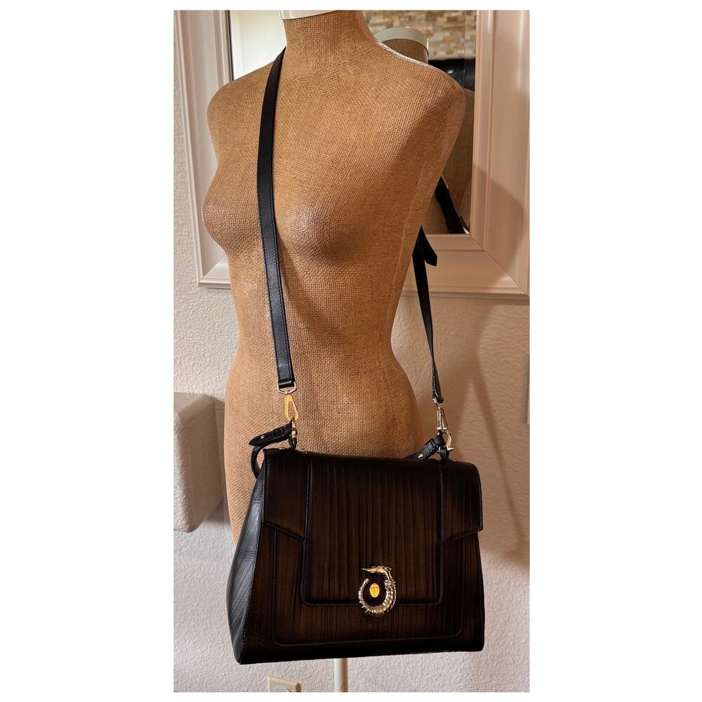 Trussardi Lovy Black Leather Handbag Satchel Bag Purse Gold Greyhound Clasp - Picture 11 of 16